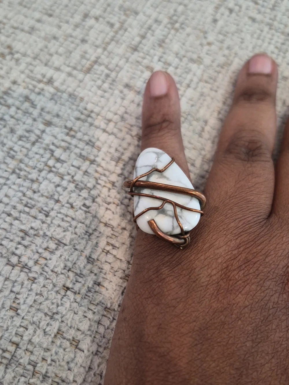 White Howlite Statement Ring with Bronze Wire Wrap - Women Jewelry